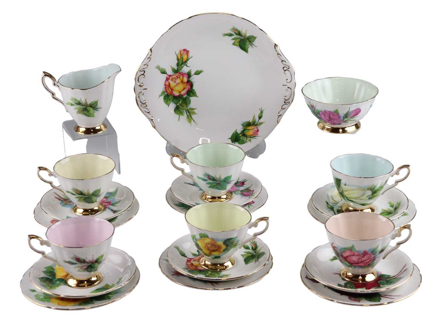 A Paragon Six World Famous Roses pattern tea set, dish 26.5 cm diameter