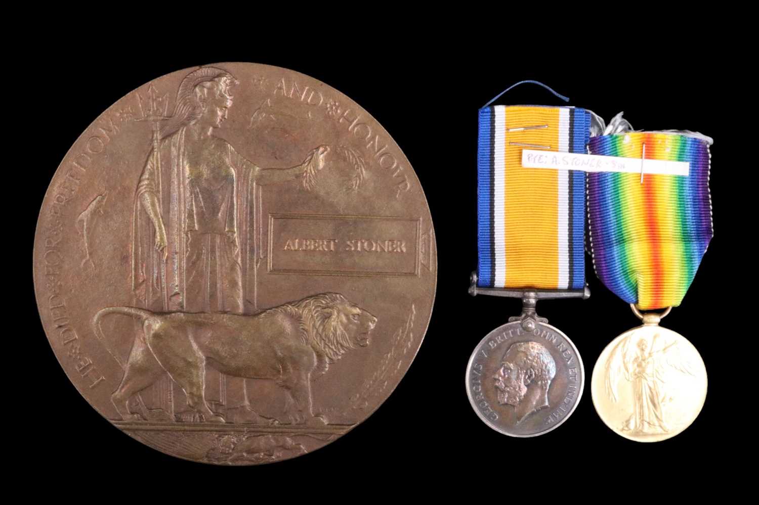 British War and Victory medals with a Memorial Plaque to 33350 Pte A Stoner, Border Regiment