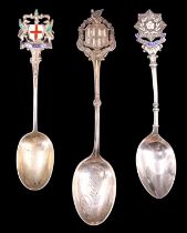 Three early 20th Century silver and enamelled spoons commemorating Dublin, London and the East