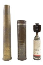 Inert British army 2-inch mortar drill and illuminating projectiles, a transit tin and a 40 mm