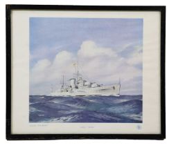 A Second World War period lithograph of the Royal Navy light cruiser HMS Ajax, published by "The
