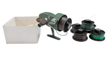 A Sun Matic fixed spool fishing reel together with five spare spools