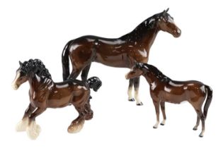 Three large Beswick thoroughbred and shire horse figurines, tallest 31 cm