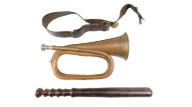 A Boy's Brigade belt, a bugle and a wooden truncheon