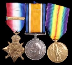 A 1914 Star with clasp, British War and Victory Medals to 1373 Pte T Harvey, Border Regiment