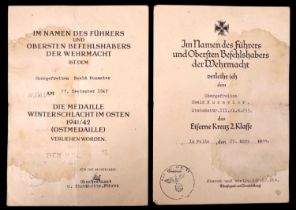 A German Third Reich award citation pair for Ewald Husmeier Stabsbattery III./ Artillery Regiment Nr