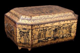 An early 19th Century Canton export gilt lacquered sewing work box, of octagonal form with canted