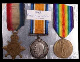 A 1914-15 Star, British War and Victory Medals to 1143 Pte H Wilson, Border Regiment