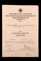 German Third Reich Iron Cross second class citation dated 18 March 1942 awarded to Schutzen