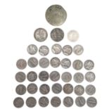 A group of pre-1964 US silver one dime coins together with a pocket-worn 1747 Fernando VI Mexico