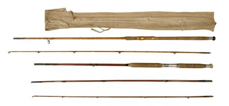 A split cane fishing rod, 10' in two sections, together with a Greenheart fishing rod, 12' 6" in