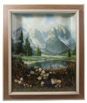 A 1950s-1960s kitsch mixed media picturesque Alpine landscape, being a concave print depicting a