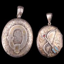 Two Victorian white metal lockets, respectively having an applied bow and arrow set with turquoise