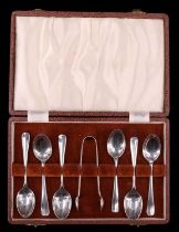 A cased set of six silver Hanoverian rat tail pattern teaspoons and sugar tongs, Cooper Brothers &