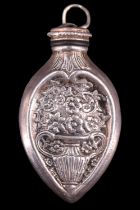 A Sterling standard white metal amphora form perfume bottle decorated in depiction of a vase of