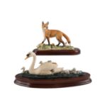 A Border Fine Arts swan family figure group signed KL together with another of a fox by Mairi