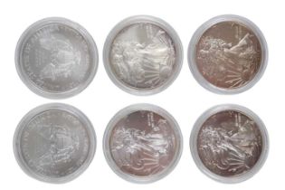 Six 1oz fine silver American Silver Eagle one dollar coins comprising 2009, 2010, 2011, 2012, 2013