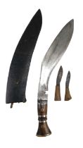 A military type kukri, in scabbard with by knives, circa Second World War, 41 cm