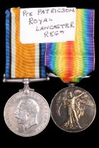 British War and Victory Medals to 29332 Pte J Patrickson, Royal Lancashire Regiment