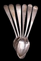 A set of six Georgian silver Old English pattern teaspoons bearing engraved initials "JH" to the