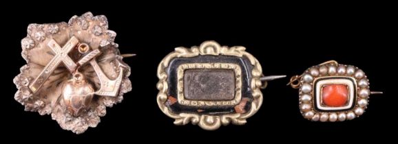 A Victorian coral and pearl set enamelled brooch, set in gilt metal, together with a white metal