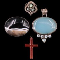 Four hardstone pendants and brooches, comprising a white metal brooch having three green chrysoberyl