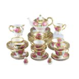 A Grosvenor gilt-enriched pink rose pattern teaset, plates 17.5 cm, fifty five items