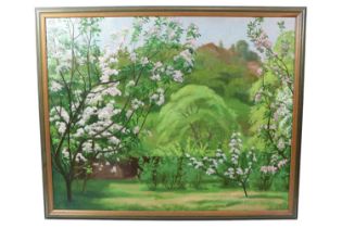 Henry Nicholas Almond (1918-2000). A verdant, picturesque study of a woodland with blossoming trees,