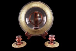 A 1920s - 1930s etched and gilt glass centre bowl and a pair of conforming candle holders, bowl 33