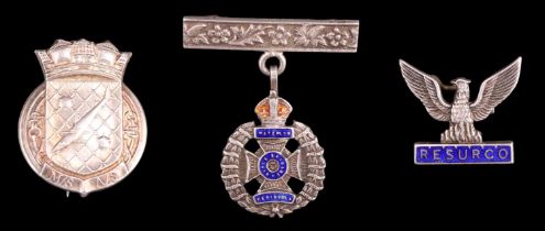 An enamelled white metal Rifle Brigade sweetheart badge, a white metal Royal Navy Patrol Services