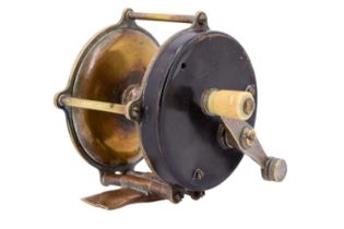 An early 20th Century nickel-plated brass 2 1/2" multiplier fishing reel, the foot marked 130