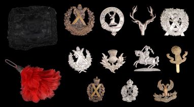 Scottish Yeomanry cap and other badges, a Black Watch feather hackle and an HLI badge backing