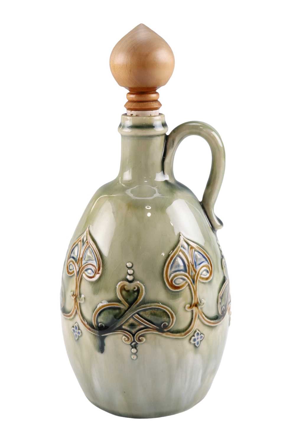 An early 20th Century Royal Doulton glazed earthenware flagon with later turned wood stopper, base