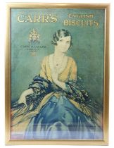 A 1920s advertisement board for Carr's of Carlisle English Biscuits depicting a stylish young