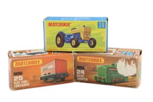 Three diecast Matchbox Series comprising a 24 Diesel Shunter, 25 Flat Car / Container and a 39