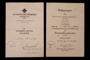 Two German Third Reich award citations comprising the Iron Cross second class and Wound Badge in