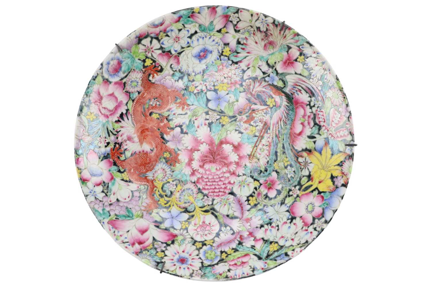 A pair of large Chinese famille rosemillefleur dishes, each decorated in depiction of a dragon and - Image 3 of 5