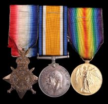 A 1914 Star, British War and Victory Medals to 2154 Pte W G Sharp, Border Regiment