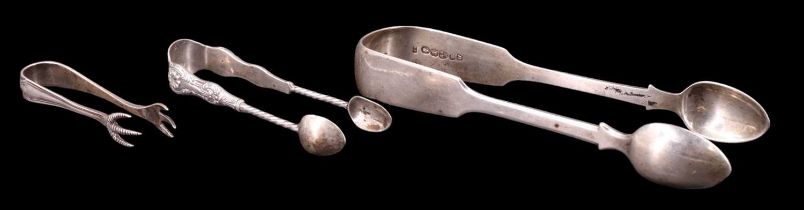 A pair of Victorian silver fiddle pattern sugar tongs by Thomas Sewell I, Newcastle, 1860,