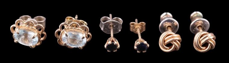 Three pairs of contemporary yellow metal stud earrings, comprising 3 mm brilliant sapphires, 6 x 4.5