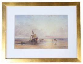 A warm-toned, sunset seascape of a small ship run aground with figures and a horse-drawn cart