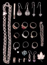 A quantity of late 20th Century silver and white metal jewellery, including amethyst set and other