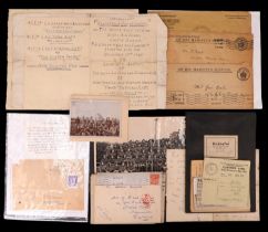Ephemera comprising eight Great War postal envelopes, mostly addressed to a Mr J Bate, and a