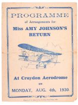 A 1930s "Programme of Arrangements for Miss Amy Johnson's Return at the Croydon Aerodrome", dated