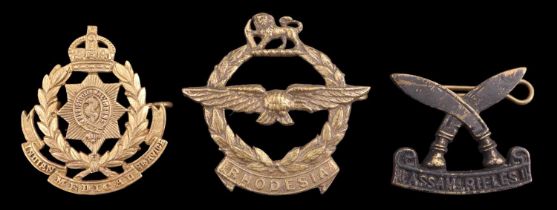 An Indian Medical Service officer's gilding metal cap badge together with Assam rifles and Rhodesian