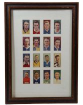 16 framed cigarette cards relating football by Carreras and Godfrey Phillips, in card mount and