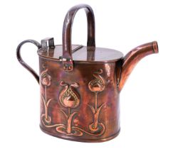 An Art Nouveau embossed copper hot water can No 4 by Joseph Sankey, maker's stamp and '4' to base,