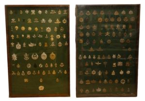 Two framed displays of cap and other badges, 61 x 91.5 cm