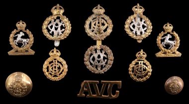 Army Veterinary Corps / RAVC cap and Army Dental Corps cap and collar badges, a shoulder title and