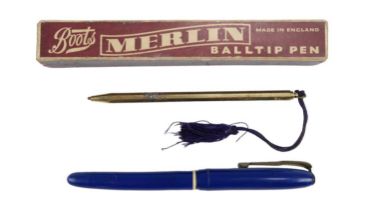 Three vintage ballpoint pens comprising a boxed Merlin, Scripto and one other similar pen